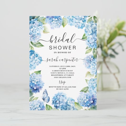 Bleu Hydrangea Invitation à la douche nuptiale (Debout devant)