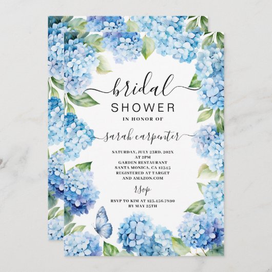 Bleu Hydrangea Invitation à la douche nuptiale (Devant / Derrière)