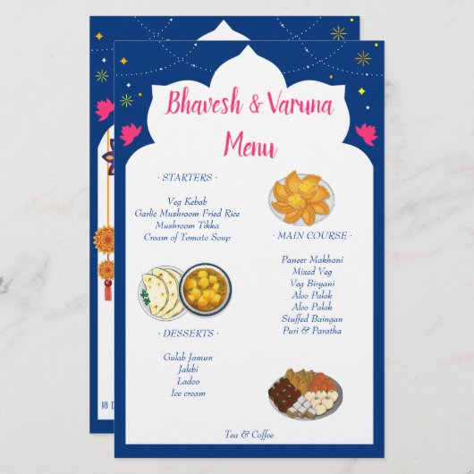 Bleu Indien design frontière menu mariage hindu (Devant / Derrière)