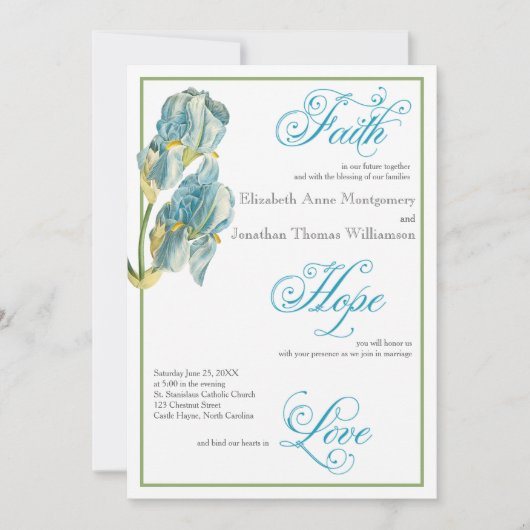 Bleu Iris Script Faire-part de mariage chrétienne (Devant)