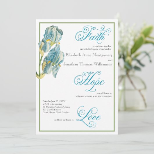 Bleu Iris Script Faire-part de mariage chrétienne (Debout devant)