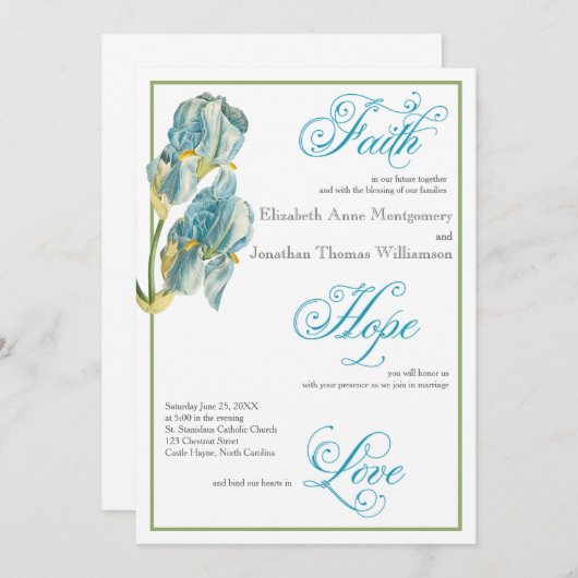 Bleu Iris Script Faire-part de mariage chrétienne (Devant / Derrière)