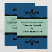 Bleu/Jade Fancy Art Déco Mariage Invitation (Devant / Derrière)