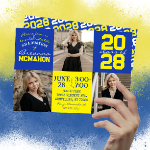 Bleu & Jaune 3 Photo Graduation Invitation