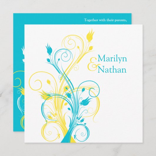 Bleu, Jaune, Plage Florale Blanche. Faire-part de  (Devant / Derrière)