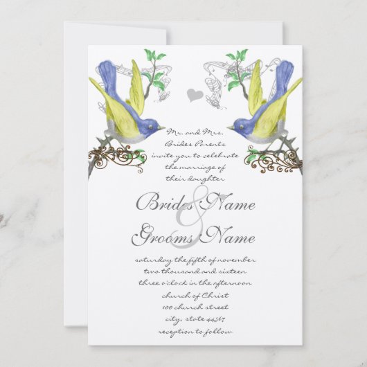Bleu & Jaune Vintage Oiseaux Mariage Invitation (Devant)