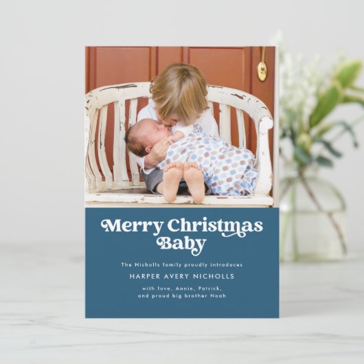 Bleu Joyeux Noël Faire-part de naissance bébé (Debout devant)