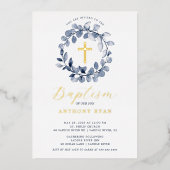 Bleu Leaf garçons Baptême Foil Invitation (Recto)