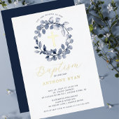 Bleu Leaf garçons Baptême Foil Invitation