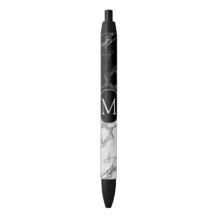 Bleu Lettre personnalisée Stylo en marbre blanc noir