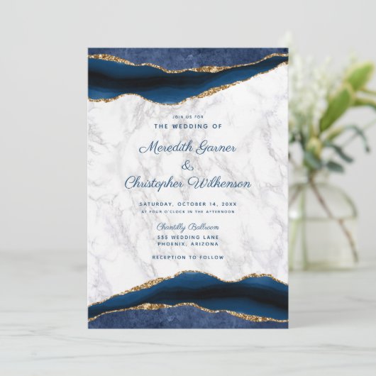 Bleu Marbre Or Faire-part de mariage Agate (Debout devant)