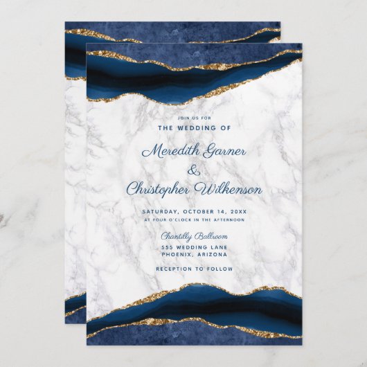 Bleu Marbre Or Faire-part de mariage Agate (Devant / Derrière)