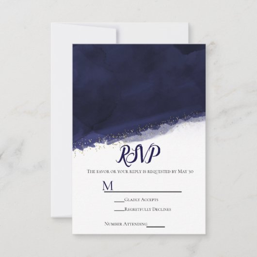 Bleu marine aquarelle or chic moderne RSVP de mari (Devant)