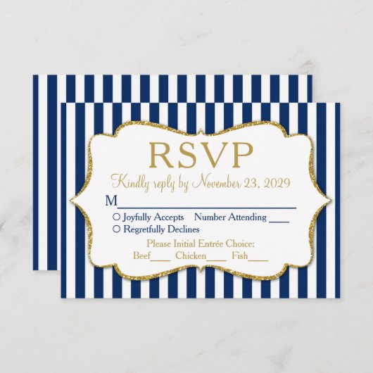Bleu Marine Bleu Bande d'or RSVP Mariage Réponse R (Devant / Derrière)