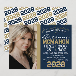 Bleu Marine & Bronze Graduation Photo Invitation