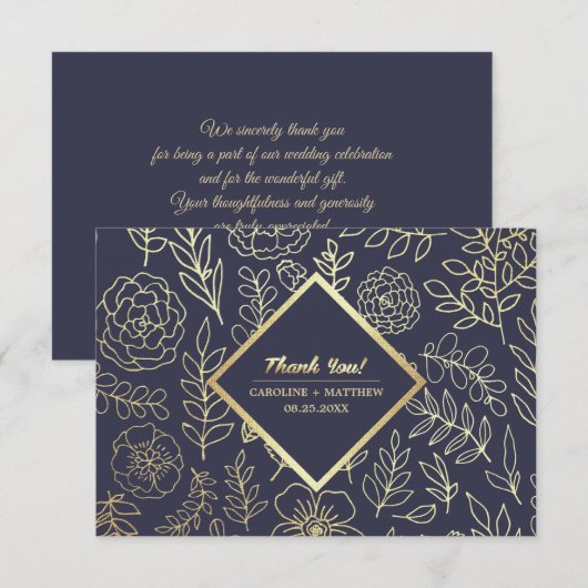 Bleu Marine | Carte de remerciements Mariage Gold  (Devant / Derrière)