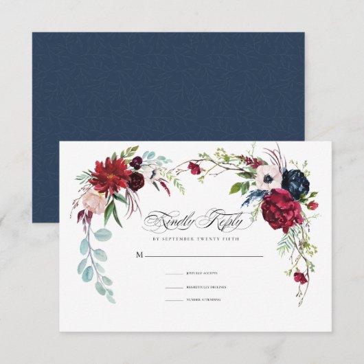 Bleu Marine | Carte RSVP Mariage Floral Bourgogne (Devant / Derrière)