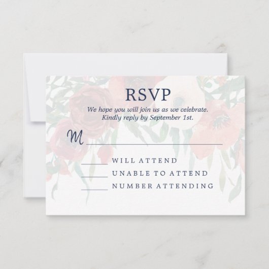 Bleu marine Corail Aquarelle Floral RSVP Mariage (Devant)