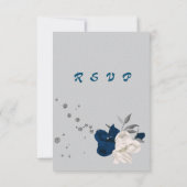 bleu marine et fleurs blanches carte rsvp gris géo (Dos)
