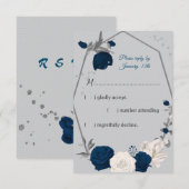 bleu marine et fleurs blanches carte rsvp gris géo (Devant / Derrière)