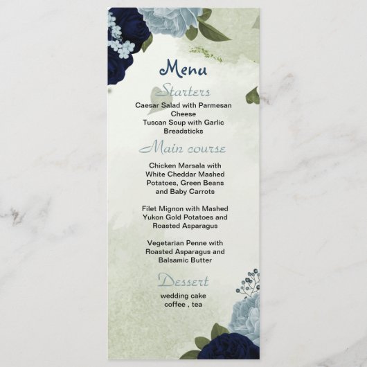 bleu marine et poussiéreux fleurs verdure menu mar (Devant)