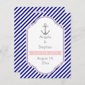 Bleu marine, faire-part de mariage nautique rose " (Devant / Derrière)