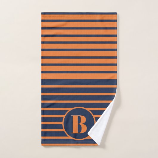 Bleu marine orange rayé monogramme (Serviette à main)