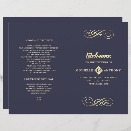 Bleu Marine | Programme de mariage plié Gold Elega (Devant / Derrière)