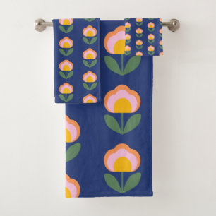 Bleu marine rétro scandinave folk fleur salle de b