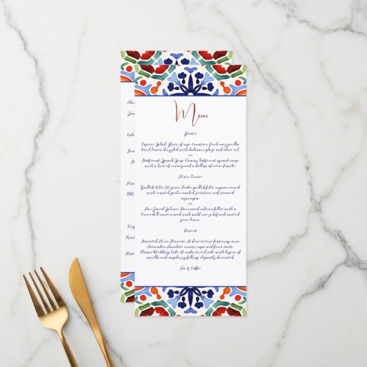 Bleu mexicain coloré talavera carreaux menu modèle (Devant/Arrière en situation)