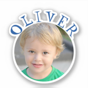 Bleu mignon cadre rond Nom et photo Sticker pour e