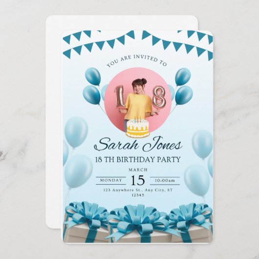 Bleu moderne fête d'anniversaire Invitation (Devant / Derrière)