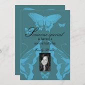 Bleu Multi-Papillons Photo Invitation Anniversaire (Devant / Derrière)
