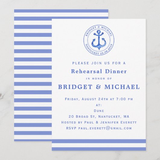 Bleu Nautique Ancre Dîner Invitation (Devant / Derrière)