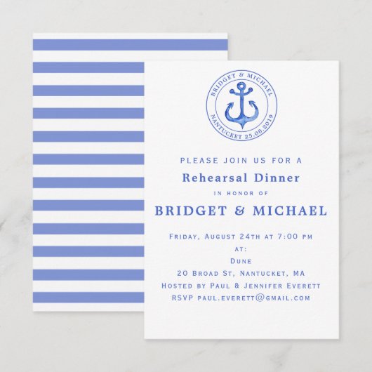 Bleu Nautique Ancre Dîner Invitation (Devant / Derrière)