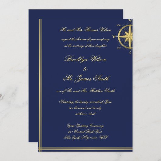 Bleu Nautique Invitations de mariage Gold Compass (Devant / Derrière)