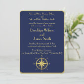 Bleu Nautique Invitations de mariage Gold Compass (Debout devant)