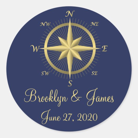 Bleu Nautique Stickers Mariage Or Compass (Devant)