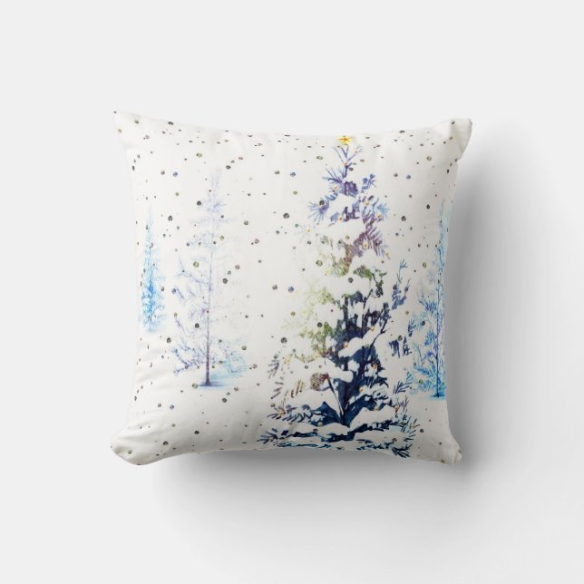 Bleu neige Arbre de Noël Carré Coussin (Recto)