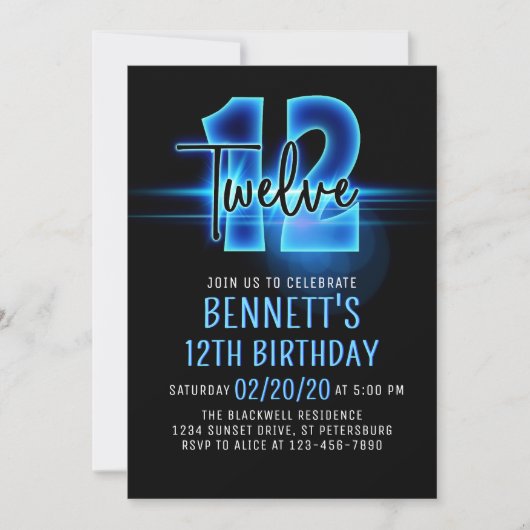 Bleu néon 12e anniversaire Invitation (Devant)