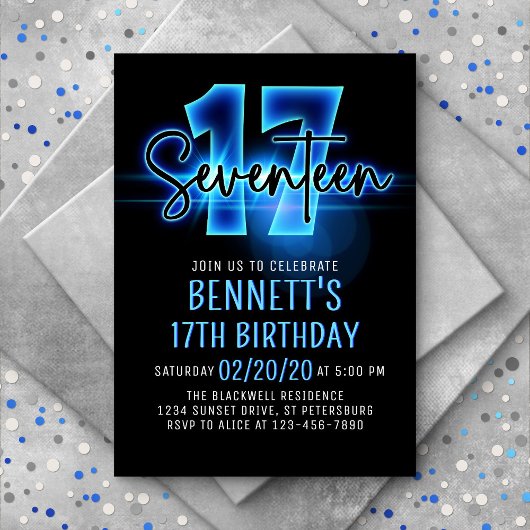 Bleu néon 17ème anniversaire Invitation