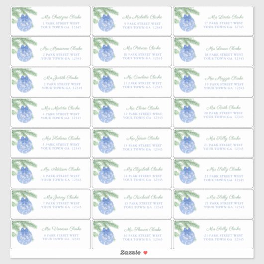 Bleu Noël Ornament Étiquette de adresse invité (Feuille)