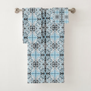 Bleu Noir Blanc Abstrait à motifs répétés Bouclé