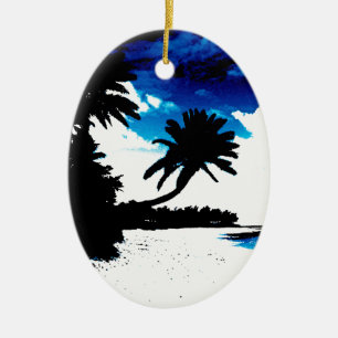 Bleu noir blanc Palm Tree Beach Ornement