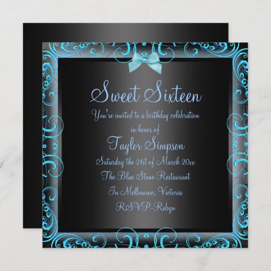 Bleu/Noir Bow & Frame Sweet16 Invitation d'anniver (Devant / Derrière)