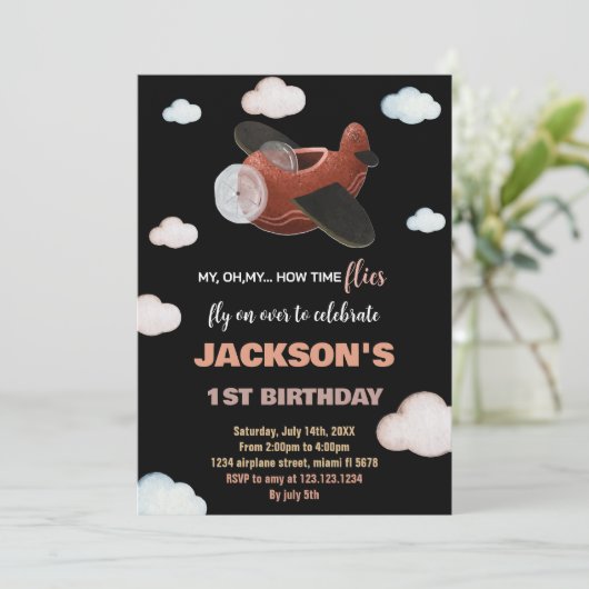 Bleu noir Brown avion Invitations d'anniversaire (Debout devant)