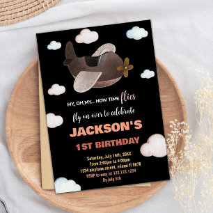 Bleu noir Brown avion Invitations d'anniversaire