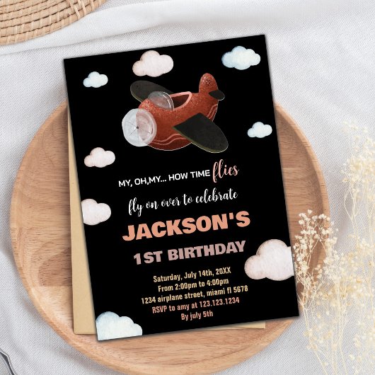 Bleu noir Brown avion Invitations d'anniversaire