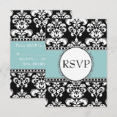 Bleu noir Damas RSVP pour les invitations Carrés (Devant / Derrière)