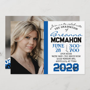 Bleu, noir et blanc Graduation 2 Invitation photo